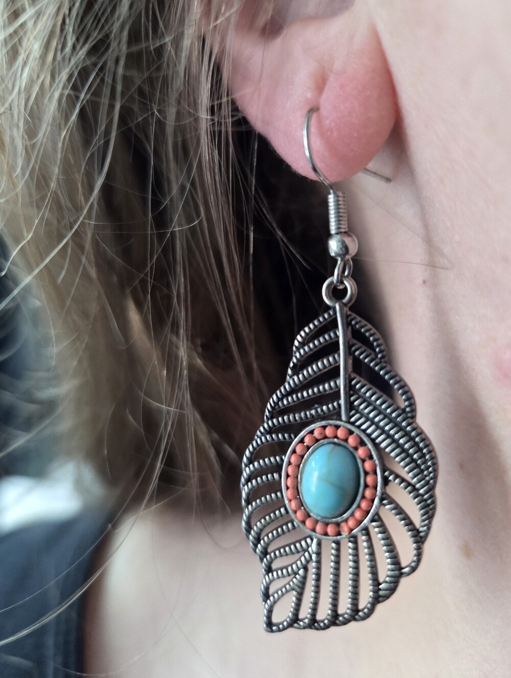Boho Turquoise & Coral Feather Drop Earrings